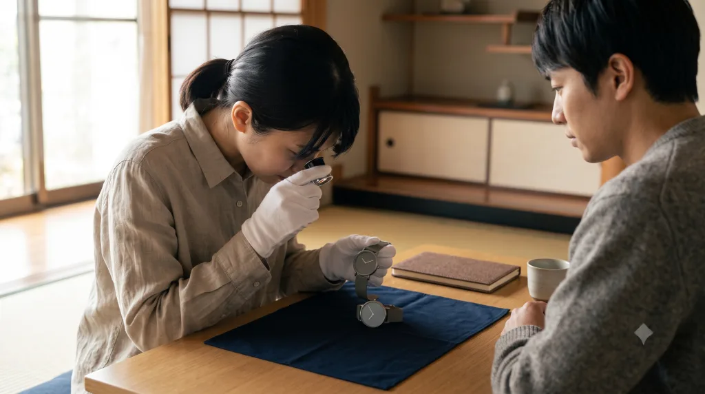 自宅で腕時計の出張査定を受けている様子