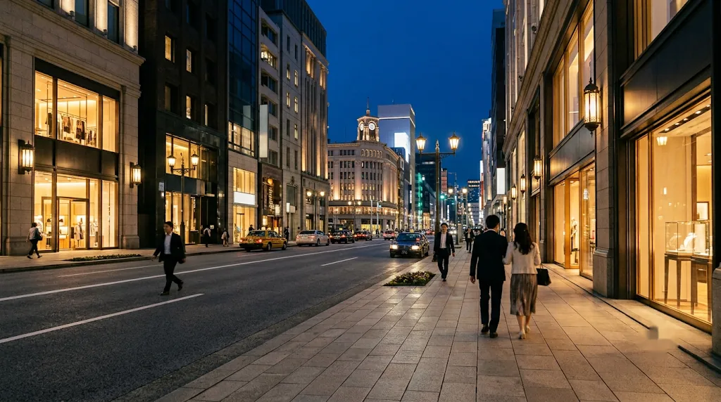 時計買取店が集まる東京・銀座の夕暮れの街並み